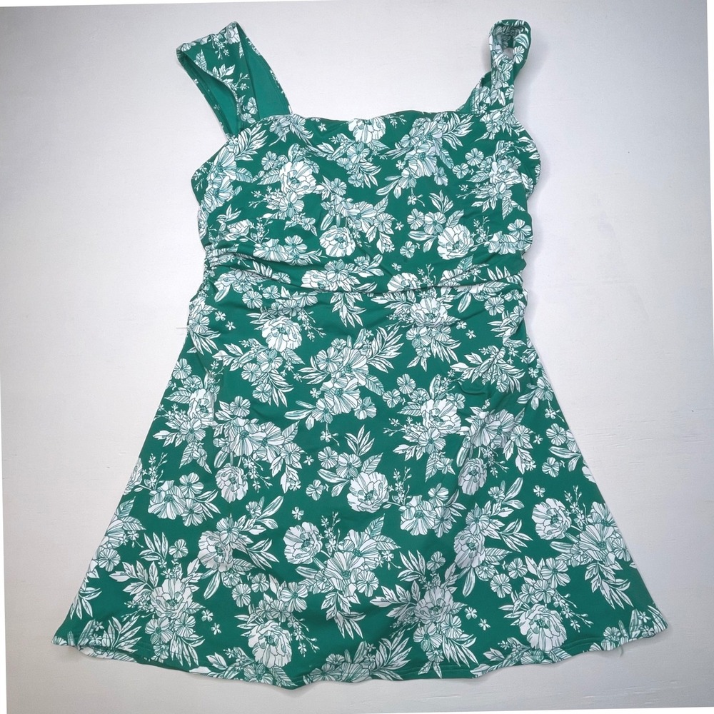 Lands' End Women Swim Dress Floral One Piece Tummy Control 14 Green Tropical